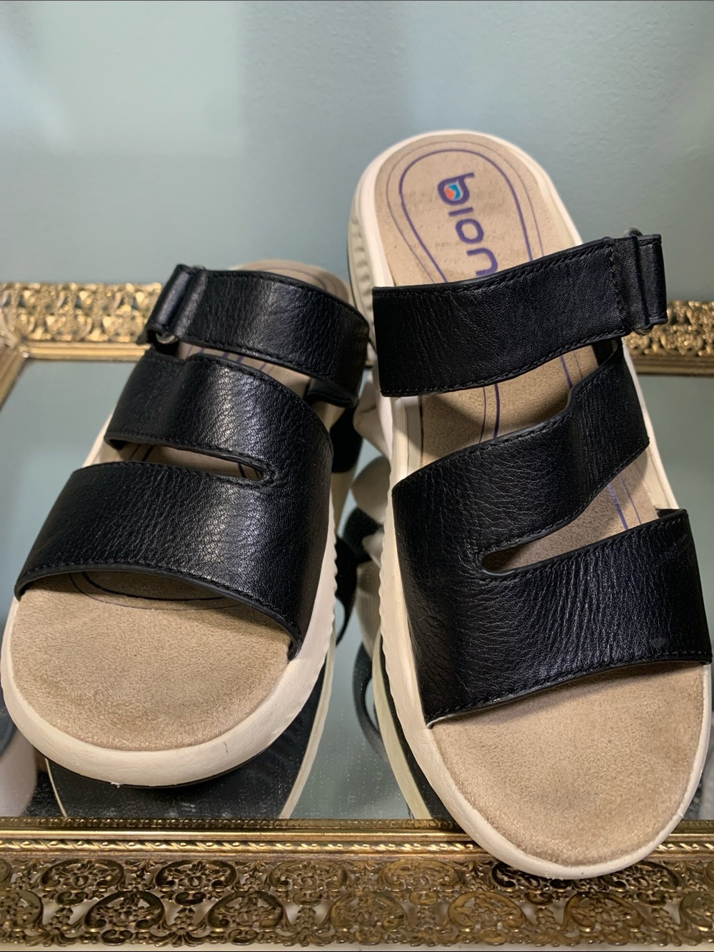 Bionica Black Leather Adjustable-Strap Slide Sandals